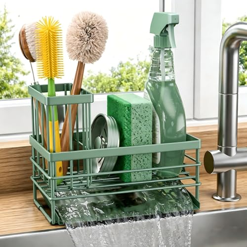 Cisily Sink Caddy Sponge Holder for Kitchen with Brush Holder and Stainless Steel Self Drain Tray, Rustproof Kitchen Sink Organizer for Sponge, Soap Dispenser Storage Accessories - color: Sage Green, size: 8.26''