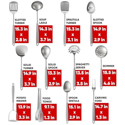 Newness 12 Pcs Cooking Utensils Set, 304 Stainless Steel Kitchen Utensils Set, Metal Kitchen Accessories, Include Soup Ladle, Slotted Skimmer Spoon, Spaghetti Spoon and Spatula, Dishwasher Safe - size: 12 PCS Cooking Utensils Set