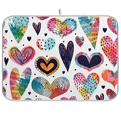 Absorbent Dish Drying Mat for Kitchen Counter - Cute Hearts Colorful Microfiber Drying Pad, Reversible Drainer Mats for Countertop, Small 16" x 18" - color: Cute Hearts Love#17, size: 16x18(in)x1