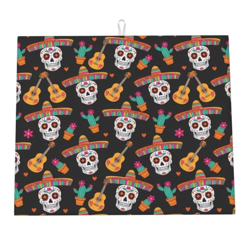 Sugar Skulls Guitars Cacti Dish Drying Mats for Kitchen Counter, Super Absorbent Microfiber Drainer Pad, Washable Reversible Appliance Protector, Everyday Kitchen Must-Have, 16x18 Inch - color: Sugar Skulls Guitars Cacti