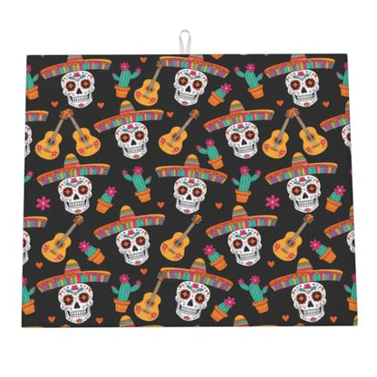 Sugar Skulls Guitars Cacti Dish Drying Mats for Kitchen Counter, Super Absorbent Microfiber Drainer Pad, Washable Reversible Appliance Protector, Everyday Kitchen Must-Have, 16x18 Inch - color: Sugar Skulls Guitars Cacti