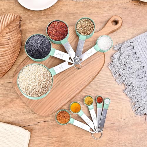 10Pcs Measuring Cups & Spoons Set, Stackable Cups and Spoons, Nesting Measure Cups with Stainless Steel Handle, Kitchen Gadgets for Cooking & Baking (Green) - color: Green