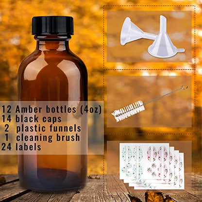 PINIWON 12 Pack 4 oz Amber Glass Bottles, 120ml Boston Round Sample Bottles with Black Poly Cone Caps, Labels, Funnels and Brush - color: Amber-12 pack