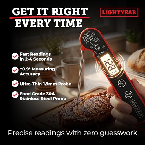 Lightyear Meat Thermometer | Instant Read Cooking Thermometer for Grilling, Roasting & BBQ, Built-in Magnet, IP65 Waterproof, Food-Grade Stainless Steel Temperature Probe - color: Crimson Shadow