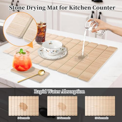 Diatomaceous Stone Drying Mat for Kitchen Counter with Sink Faucet Mat, Wooden Parrten Design Absorbent Quick Dry Dish Drying Mat Set, Diatomite Stone Slat Countertop Pad for Dishes, Cups - color: Wood
