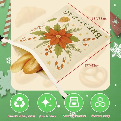 5PCS Christmas Beeswax Bread Bags Set – 2 Reusable Bread Bags + 3 Wax Paper Sheets,Eco-Friendly Beeswax Wraps for Food,Homemade Sourdough,Cheese,Snacks & Fruit,Holiday Gift for Bakers Kitchen Lovers - color: Bread Bags-Christmas