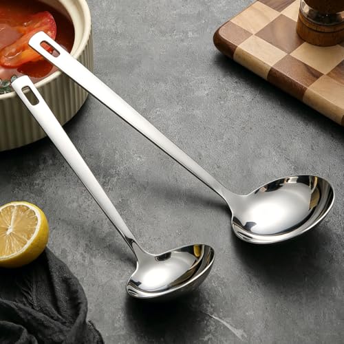 Kyraton 2 Piece Soup Ladle Set, 11.8" Large & 9.6" Small Stainless Steel Ladles, One-Piece Ergonomic Cooking Spoons, Dishwasher Safe Heavy Duty Serving Utensils for Home Kitchen Soup Sauce Noodle