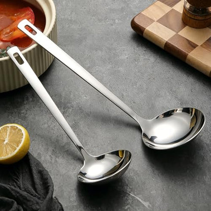 Kyraton 2 Piece Soup Ladle Set, 11.8" Large & 9.6" Small Stainless Steel Ladles, One-Piece Ergonomic Cooking Spoons, Dishwasher Safe Heavy Duty Serving Utensils for Home Kitchen Soup Sauce Noodle