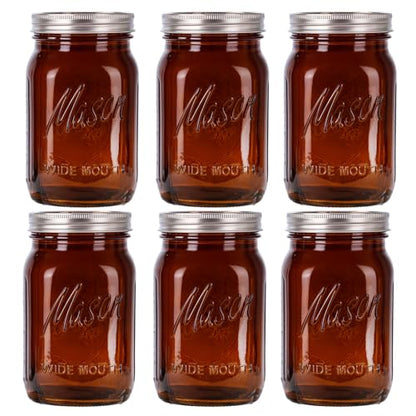 WELLIFE Amber Mason Jars, 6 Pack wide mouth mason jars for Pickling, Canning, Fermenting and Food Storage, Microwave Safe
