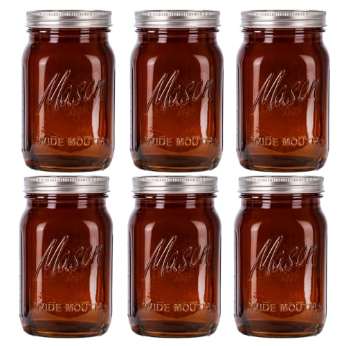 WELLIFE Amber Mason Jars, 6 Pack wide mouth mason jars for Pickling, Canning, Fermenting and Food Storage, Microwave Safe