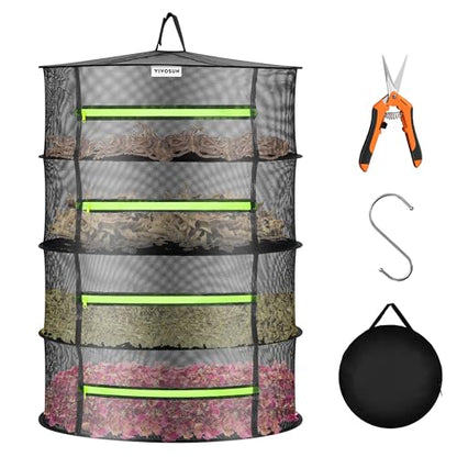 VIVOSUN 4-Layer Mesh Drying Rack Hanging Design with Green Zippers for Dehydrating, Indoor and Outdoor Pruning Shears Included - size: 4 Layer, style: 1 Pack