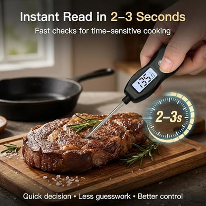 Meat Thermometer Digital Instant Read, Waterproof for Cooking & BBQ (Black) | Backlit food thermometer with 5.3” probe for steak, turkey, oil, candy, liquids, sourdough & baking