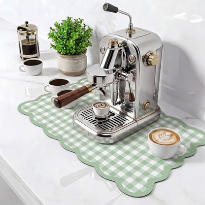 Scalloped Gingham Coffee Mat 12" x 20" Absorbent Coffee Bar Mat Gingham Espresso Matt for Counter(Green) - color: Green