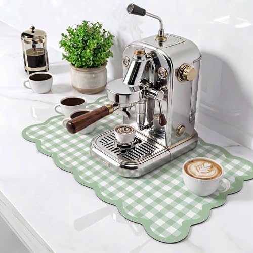 Scalloped Gingham Coffee Mat 12" x 20" Absorbent Coffee Bar Mat Gingham Espresso Matt for Counter(Green) - color: Green