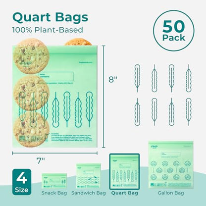 Fit Meal Prep 50 Pack 100% Compostable Food Storage Bags, 7 x 8" Resealable Freezer Bags Quart Size for Meat, Fruits, Plant-Based Sandwich Bag, ASTM D6400, US BPI & EU OK Compost Certified - style: Quart
