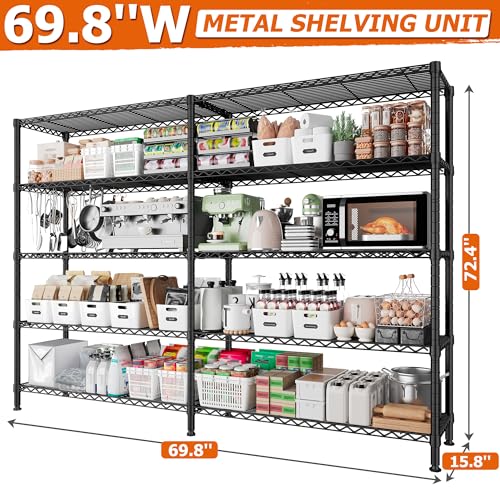 REIBII 1600LBS Heavy Duty Storage Shelves 5-Tier Extra-Wide Metal Shelving 69.8" W x 72.4" H Capacity Garage Shelving Unit Adjustable Wire Shelving for Kitchen Garage Pantry Basement - style: Black-15.8"Dx69.8"Wx72.4"H-5 Tier