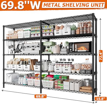 REIBII 1600LBS Heavy Duty Storage Shelves 5-Tier Extra-Wide Metal Shelving 69.8" W x 72.4" H Capacity Garage Shelving Unit Adjustable Wire Shelving for Kitchen Garage Pantry Basement - style: Black-15.8"Dx69.8"Wx72.4"H-5 Tier