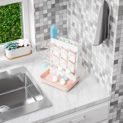 SuoXing Baby Bottle Drying Rack Space Saving,BPA Free Countertop Vertical Bottle Rack Dryer & Holder for Baby,Large Baby Bottle Station Organizer and Stand for Brushes,Pacifiers,Breast Pump,Dish,Pink - color: Pink
