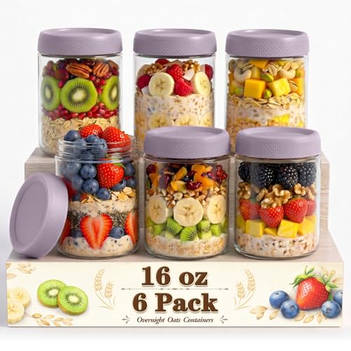 16 oz Overnight Oats Containers with Lids, 6 Pack Wide Mouth Mason Jar with Lid, Yogurt Containers with Lids for Kitchen, Glass Jars for Storage, Pudding, Chia, Prep, Snack, Sugar, (Purple) - color: Purple