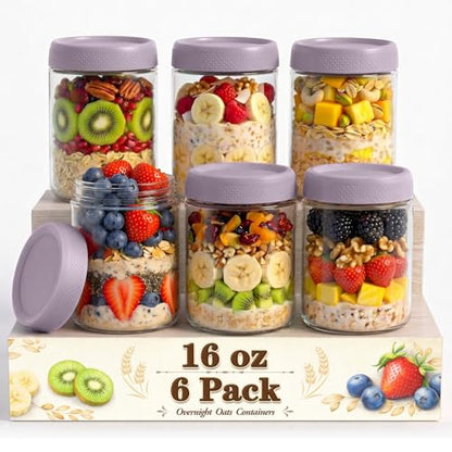 16 oz Overnight Oats Containers with Lids, 6 Pack Wide Mouth Mason Jar with Lid, Yogurt Containers with Lids for Kitchen, Glass Jars for Storage, Pudding, Chia, Prep, Snack, Sugar, (Purple) - color: Purple