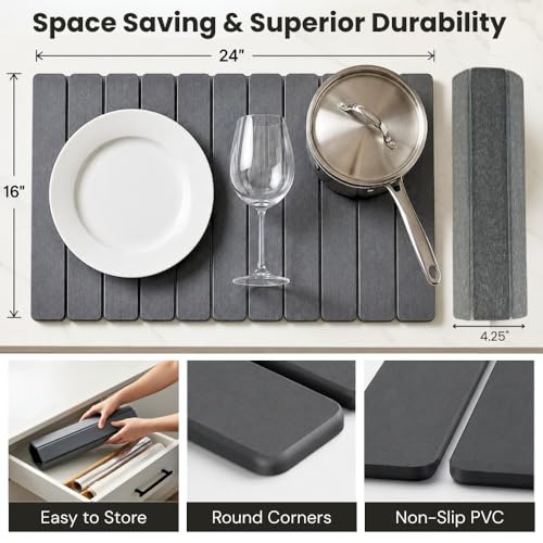 Stone Dish Drying Mat for Kitchen Counter, Large Quick Dry Diatomaceous Earth Stone Drying Mat, Foldable Water Absorbent Dish Drying Mat for Dishes, Cups, Bottles, Kitchen Sink & Countertop (Grey) - color: Gray