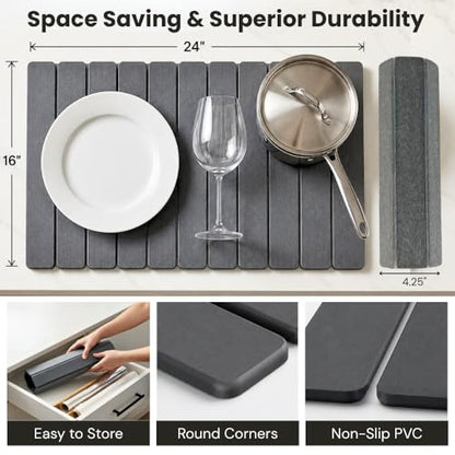 Stone Dish Drying Mat for Kitchen Counter, Large Quick Dry Diatomaceous Earth Stone Drying Mat, Foldable Water Absorbent Dish Drying Mat for Dishes, Cups, Bottles, Kitchen Sink & Countertop (Grey) - color: Gray