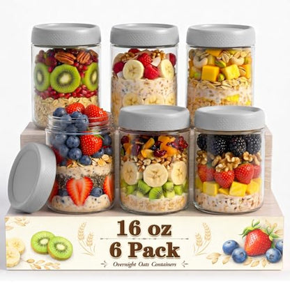 6 Pack Mason jars, 16 oz Overnight oats Containers with Lids, Parfait Cups with Lids for Yogurt, Oatmeal, Glass Jar with Lid for Storage, Food, Pudding, Sugar, Salad, Snack, Kitchen, Jam(Gray) - color: Grey