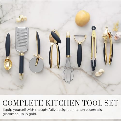 Black and Gold Kitchen Utensils - Luxe 8-Piece Gold Kitchen Tools Set with Can Opener, Pizza Cutter, Peeler, Mini Whisk, and Tongs - Stylish Accessories for Modern Cooking and Ideal for Gifting - color: 8 PC Black & Gold