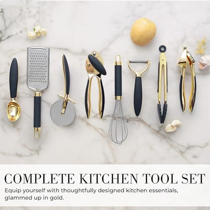 Black and Gold Kitchen Utensils - Luxe 8-Piece Gold Kitchen Tools Set with Can Opener, Pizza Cutter, Peeler, Mini Whisk, and Tongs - Stylish Accessories for Modern Cooking and Ideal for Gifting - color: 8 PC Black & Gold