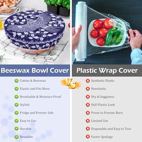 2 Large Reusable Beeswax Bowl Covers for Bread Proofing, 10/12 Inch Elastic Beeswax Wraps Cotton Cloth Sourdough Bowl Covers for Proofing Baskets, Mixer Bowls, Food Storage Containers - color: Batik Bird