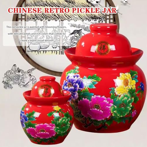 Chinese Style Flower Pattern Pickle Jar, Thickened Ceramic Fermentation Tank, Water Seal Design, Large Capacity Pickling Container(7kg/246.9oz) - size: 7kg/246.9oz