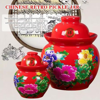 Chinese Style Flower Pattern Pickle Jar, Thickened Ceramic Fermentation Tank, Water Seal Design, Large Capacity Pickling Container(7kg/246.9oz) - size: 7kg/246.9oz