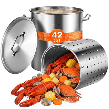 VEVOR Stainless Steel Stockpot, 42 Quart Large Cooking Pots, Cookware Sauce Pot with Strainer, Lid, and Handle, Heavy Duty Commercial Grade Stock Pot, Sanding Treatment, for Large Groups Events Silver - size: 42 Quarts
