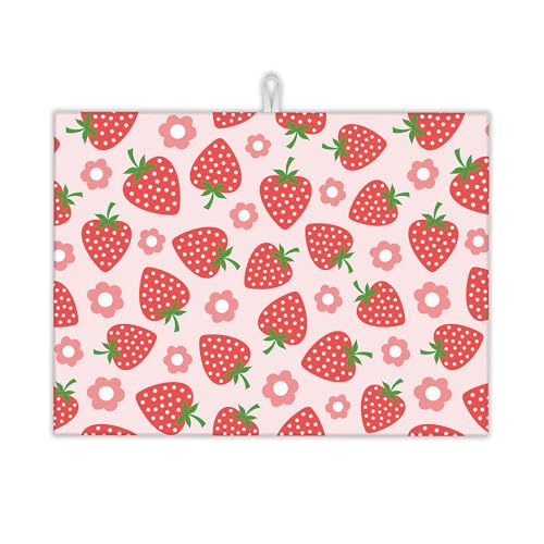 Pink Strawberry Dish Drying Rack Mat for Kitchen Counter,Cute Flowers Dish Drying Pad Absorbent Reversible Microfiber Protector for Coffee Bar Sink Countertops 18x24 Inch - color: Pink Strawberry Cute Flowers