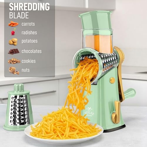 Zulay Kitchen Rotary Cheese Grater 5 Blade Cheese Shredder - Manual Hand Crank Cheese Grater With Reinforced Suction & 5 Interchangeable Drums - Easy to Use, Vegetable Chopper Round Mandoline Slicer - color: Sea Foam & Gold