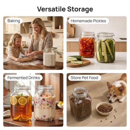 Vtopmart 2 Pack 1.1 Gallon Glass Storage Jars with Airtight Clamp Lids, 140oz Square Canisters with Wide Mouth & Measurement Marks, Large Food Containers for Flour, Sugar, Rice, Pickling & Fermenting