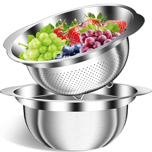 Colander, Strainer Bowl, Stainless Steel Colander, Rice Washing Bowl, Pasta Strainer & Vegetable Washer, Kitchen Strainer with Mixing Bowl for Draining, Food Prep, Dishwasher Safe, 5QT - size: 5+5QT Bowl