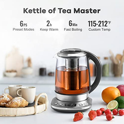 Mecity Electric Tea Kettle Borosilicate Glass Tea Maker With Temperature Control and Infuser - LCD Display and Preset Brewing Programs - 1.7 Liter Water Boiler - size: 1.8 Quarts