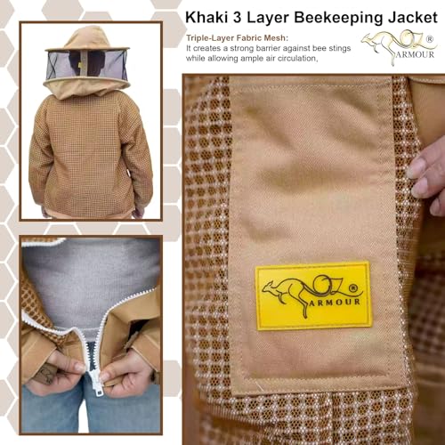 Khaki 3 Layer Beekeeping Jacket with Fencing Veil and Round Brim Hat (S) - size: S