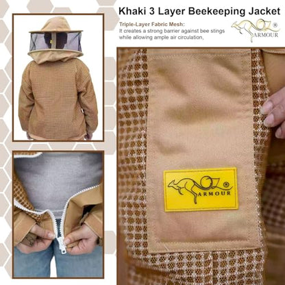 Khaki 3 Layer Beekeeping Jacket with Fencing Veil and Round Brim Hat (5XL) - size: 5XL