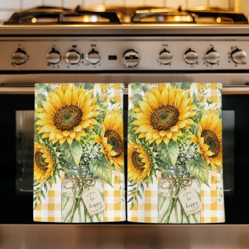 Sunflowers Rustic Kitchen Towels Set of 1, Absorbent Dish Towels for Kitchen, Country Eucalyptus Leaves Yellow Plaid Microfiber Hand Towel, Quick Drying Tea Towel for Cleaning Decorative Dishcloths - color: Sunflower Yellow, Olive Green, Warm Cream, Maize