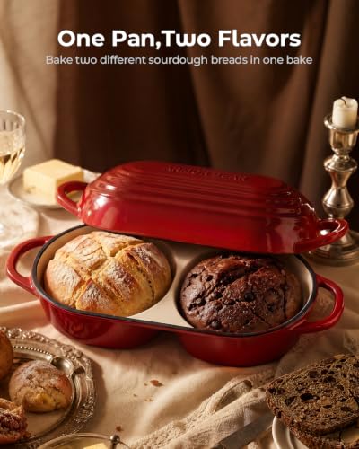 Sourdough Bread Baking Kit with Double Loaf Cast Iron Bread Pan, Red | Bakes two mini loaves at once with banneton proofing baskets included - color: Red, size: Double Bread Oven & Baking Kit