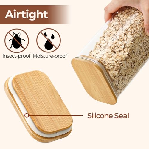 ComSaf 1.8Qt Rectangular Glass Food Storage Containers with Lids, 3-Piece Airtight Cereal Containers Storage, Glass Jars with Bamboo Lids, Space Saving Pantry Organizers for Flour, Pasta, Nut & Coffee - size: 1.8 Qt-3Pcs