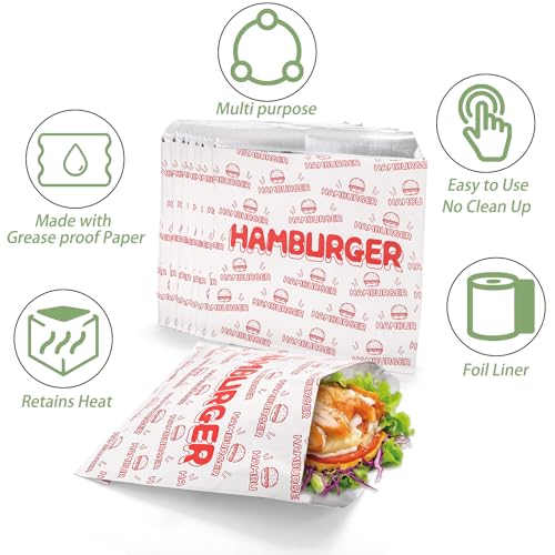ZENFUN 200 Pack Hamburger Wrappers, Foil Hamburger Sleeves, Grease Resistant Hamburger Bags Bulk, BPA Free Cheeseburgers Wrappers for Snack Bars, Food Truck, Take Out, Concession Stand, Christmas