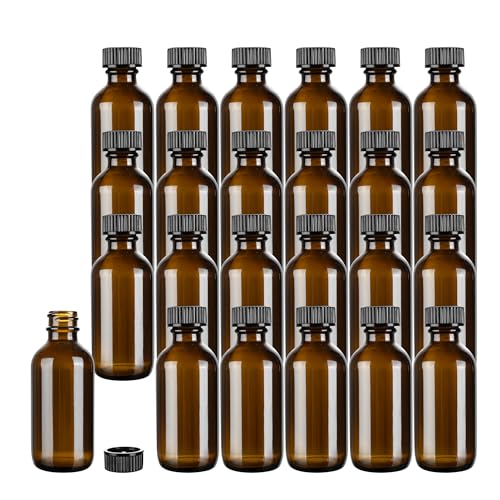 Restaurantware Vetri 2 Ounce Boston Glass Bottles, 48 Sample Bottles With Black Phenolic Caps - Dishwashable, Round, Amber Glass Bottle, For Potion, Juice, Ginger Shots, Whiskey, Liquids - color: Amber, size: 2 oz