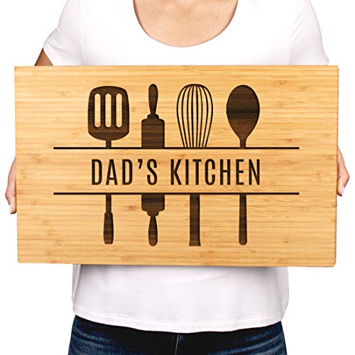 Andaz Press Large Bamboo Wood Cutting Board Gift, 17.75 x 11-inch, Dad's Kitchen, Utensils Graphic, 1-Pack, Laser Engraved Serving Chopping Board Christmas Birthday Chef Kitchen Ideas - color: Dad