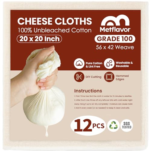 12Pcs Reusable Cheese Cloths 20x20 Inch, 100 Grade Cheesecloth Hemmed 4 Edges, 100% Unbleached Cotton Cheese Cloth Bag for Straining, Muslin Cloth Strainer for Baking, Juicing, Cheese, Crafts Making - size: 12 PCS - 20x20 Inch