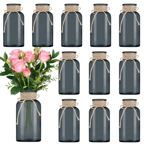 Vintage Glass Flower Vase, Farmhouse Glass Centerpiece Vases Mason Jars for Weddings, Parties & Home Decor Bulk (12, Black) - color: Black