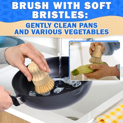 5 Pcs Bamboo Dish Brush Set, Non-Scratch Bristles, Replacement Head | Bamboo Dish Scrubber for Pots, Bottles & Vegetables; Soft for Delicate, Stiff for Stuck-On Messes; Bottle Brush Included