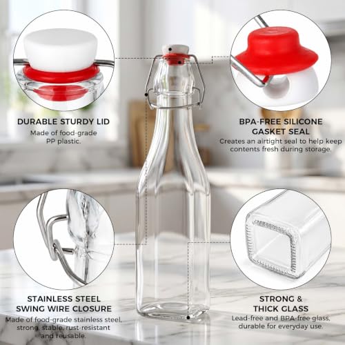 Ruckae Square Swing Top Glass Bottles with Lids Kombucha Coquito Flip Top Glass Bottle for Syrup Vanilla Extract Brew Beer Kefir Air Tight Bottles for Gift (12 oz 10 pack) - size: 12 oz 10 pack